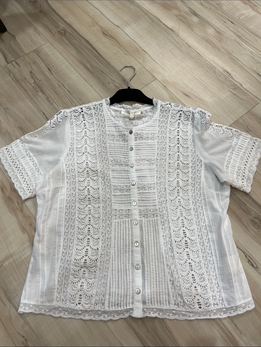 LoveShackFancy White Lace Pintuck Button-Down Blouse